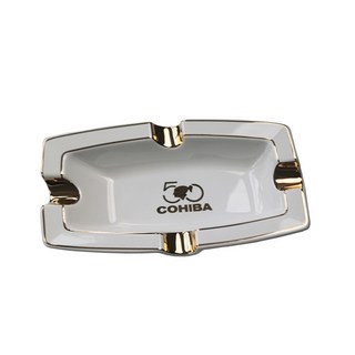 COHIBA 50週年紀念長方雪茄煙灰缸 台灣公司貨 陶瓷菸灰缸 雪茄用品, 1個, 白色 禮盒裝, 白色