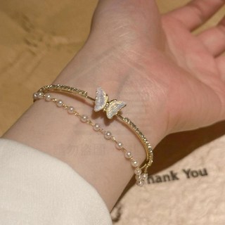 極光蝴蝶珍珠手鐲 女款開口鐲子 輕奢小眾手環 雙層復古高級感手鍊手飾 全店折扣