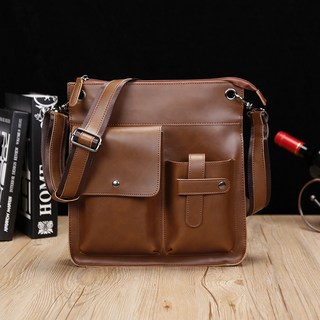新款男士瘋馬皮單肩斜挎手提郵差休閒包 英倫復古包潮流韓版揹包【奧特萊斯】, 咖啡色
