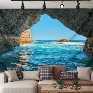 臺灣出貨 簡約風3D立體山洞背景布 大自然臥室酒店餐廳裝飾掛布 海灘風景掛毯 拍攝布 房間裝飾 墻壁裝飾 V8TG, 寶藍色,45cm*35cm送安裝包