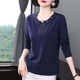 ROYALBELLE 여성 순면 빅사이즈 라운드넥 심플 뱃살가림 캐주얼 데일리 편안한 긴팔 티셔츠 엄마옷 V70402