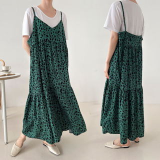 NewCare 여성 호피 쉬폰 뷔스티에 롱 원피스 나시 끈 빅사이즈