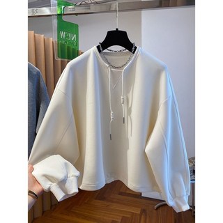 2025년 루즈핏 캐주얼 풀오버 탑 한국 디자인 독특한 드로스트링 크루넥 스웨트셔츠 (여성용 봄/가을용)