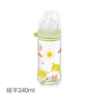 【NIP】德國製專利防脹順哺玻璃/PP奶瓶加贈母乳儲存蓋-拇指/圓型(M號奶嘴), 1個, 玻璃圓型 綠羊240ml-A款螺牙, 綠色, 240ml