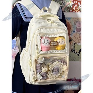 小KP 大容量透明ins書包女 初高中學生日系簡約雙肩百搭可愛小學生揹包 個性雙肩包 大容量多口袋書包 娃包吧唧痛包後揹, 甄選加厚防水紫色,單個粉桃桃掛件（無包）