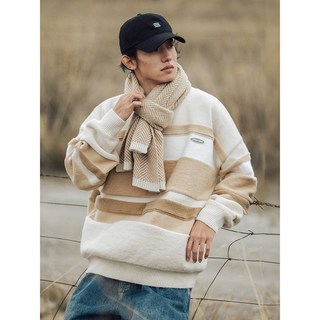 韓路男裝 拼色條紋毛衣，2026秋冬新款情侶款，寬鬆圓領針織衫