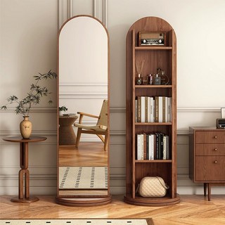 전신거울 360도 회전형 책장수납다용도 선반 화장대, 메이플