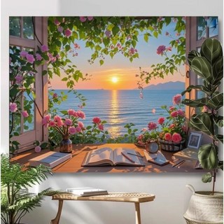 日出窗外海景背景佈 治愈系掛布 牆面裝飾画布 卧室床头背景布牆壁 遮丑布艺 背景佈掛佈送安裝包, 2,100*70公分, 2