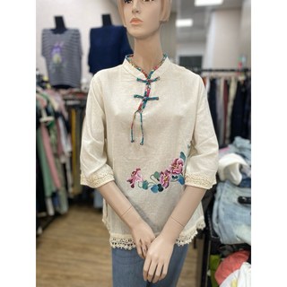 左秋禪 棉麻手繪上衣, 卡其,38