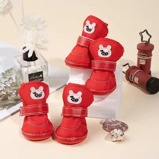 강아지 신발 반려동물 겨울 방수 스노우 부츠 테디 기모 면화 소형견 플랫 슈즈 커버가 빠지지 않음, 레드 방수 기모【네 마리】, 옵션1