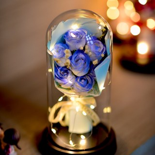 (건전지 포함) 아르띠콜로 장미꽃 유리돔 꽃다발 무드등, 1개, 블루