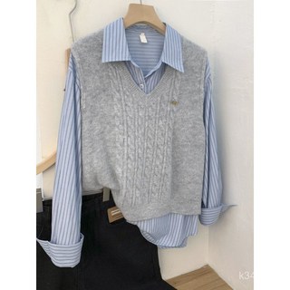 學院風灰色麻花V領針織馬甲，春秋季襯衫疊穿毛衣