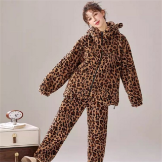 Vezri 여성용 겨울 인조 모피 호피 무늬 후드 집업 세트 따뜻한 가을 겨울 캐주얼 복장 F88