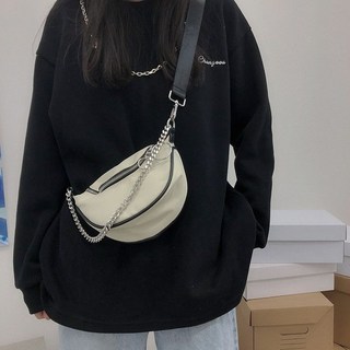 新款腰包/胸包 台灣熱銷 ins風鏈條腰包胸包圓環手提單肩斜挎手機包, 米白色