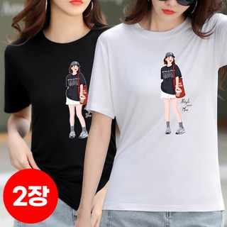 1+1 스타일아유 여성 반팔 티셔츠 비스코사 루즈핏 라운드넥 트렌디한 프린트 캐주얼 TS3443