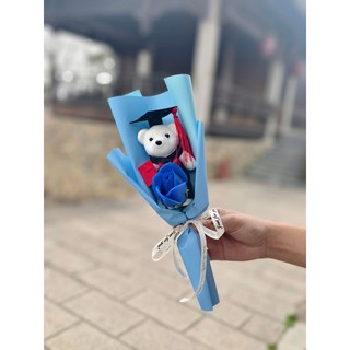 嗨購 畢業禮物 學士熊博士熊花束 太陽花 學校活動禮物 拍照畢業典禮博士熊卡通小花束, 藍色+玫瑰+博士熊, 1個