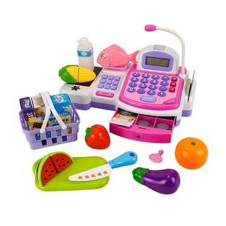 仿真超市收銀機辦家家酒玩具組 附計算機、麥克風、嗶嗶感應聲與實心切切樂, 1個, 如照片所拍