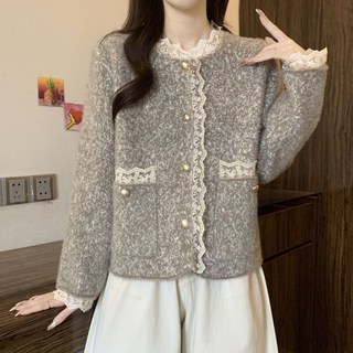 COSYEVNO 여성 봄가을 레이스 배색 골드 단추 니트 가디건 TZKchnwt-6