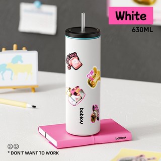 bablov吸管保溫杯 630ml 女生辦公室大容量不鏽鋼保溫杯高顔值咖啡杯, 純白, 1個
