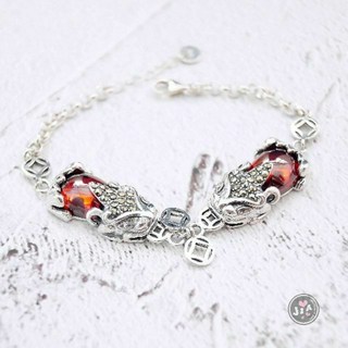 雙貔貅紅石榴咬錢招財純銀手鍊S925。正生純銀