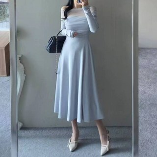 韓國裸紗一字領氣質洋裝 婚禮洋裝, 天空藍,F