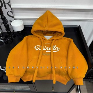 嘟嘟家兒童上衣 兒童帽T 大學T 秋冬新款男女童加絨款冬季羊駝絨兒童休閒連帽字母抽繩印花衛衣