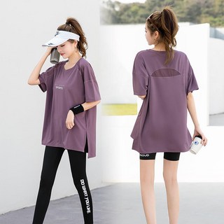 大尺碼運動上衣長版瑜珈上衣，網紗拼接吸溼排汗寬鬆透氣，舒適運動首選