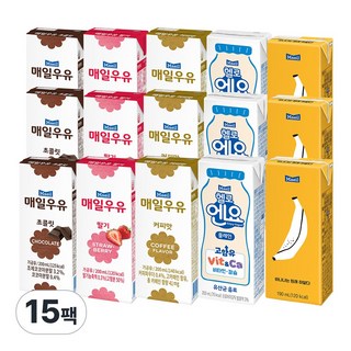 매일우유 각3개(총15개) 딸기3+초콜릿3+커피3+바나나3+엔요3, 200ml, 1세트
