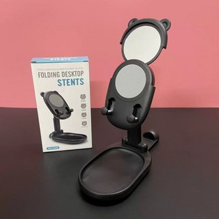 創意懶人手機支架帶化妝鏡子桌面平板支撐架，便攜式伸縮折迭車用，解放雙手輕鬆追劇, 尊貴黑支架, 1個