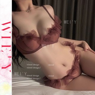 WEI' Y 情趣內衣性感超薄網紗花朵胸罩套裝：無胸墊、立體大胸聚攏、透視設計，展現夏季純慾風