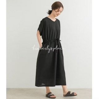 小金家 機能美UR 亞麻腰部抽繩洋裝連身裙 DR01, 黑,M
