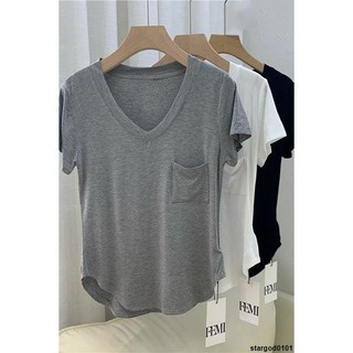 莫代爾短袖T恤女夏季寬鬆韓版V領打底衫半袖上衣