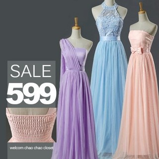 SISI【D5221】平口單肩無袖圍脖繞頸長裙 伴娘禮服 晚禮服 小禮服 連身裙 洋裝 蓬蓬裙 聖誕舞會 生日趴 跨年 尾牙 婚禮 喜酒, 藍色平口