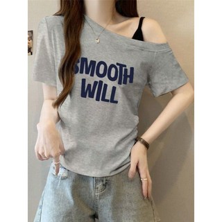 砂糖夢境 美式炸街單肩斜肩露肩短袖T恤女 大碼微胖mm掐腰上衣