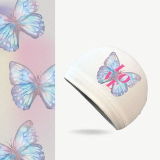 新款防水成人泳帽 ins高顏值蝴蝶印花 pu泳帽柔軟不勒頭適合長髮, 白色, 1個