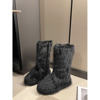 女士毛絨長筒雪地靴，側拉鍊厚底加絨保暖棉鞋