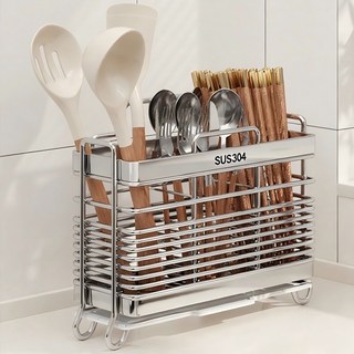 Shipshape 주방 304 스텐 자동 물빠짐 수저꽂이 수저통 식기 보관 3구, 1개, 실버