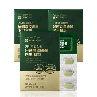 종근당홀딩스 경보제약 기억력 혈행엔 은행잎 추출물 징코 알파, 3개, 30정
