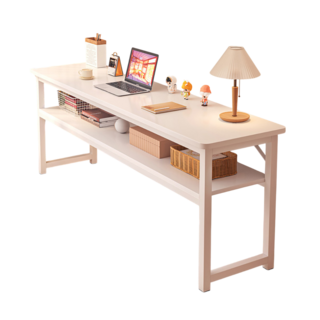 簡約雙層置物書桌，140公分寬敞桌面，學生辦公桌，現代風格電腦桌, 暖白色+本色面板