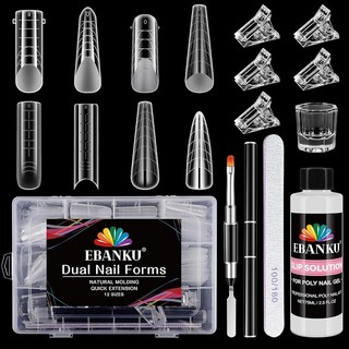 EBANKU 폴리 젤 네일 폼 키트 빌더 288PCS 재사용 한 듀얼 25온스 슬립 솔루션이 포함된 몰드 브러시 파일 5PCS 클립 12가지 모양, 8 Shapes Set_196PCS, 1개