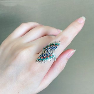 99純銀 琺瑯鳳尾戒指 時尚個性復古新潮開口戒指