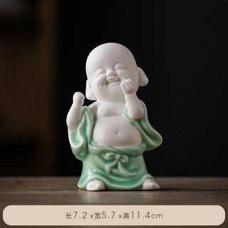 禪意開心陶瓷彌勒佛擺件招財客廳玄關白瓷笑佛小佛辦公室桌面裝飾, 歡喜-彌勒(青瓷)
