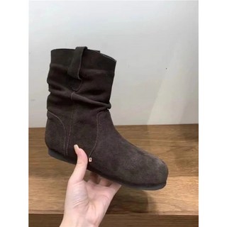 [ 免運]長筒靴 增高靴 馬丁靴機車靴 實物絶絶子 磨砂軟底褶皺短美拉德配裙子套筒博肯堆堆靴, 咖啡色,37, 1個