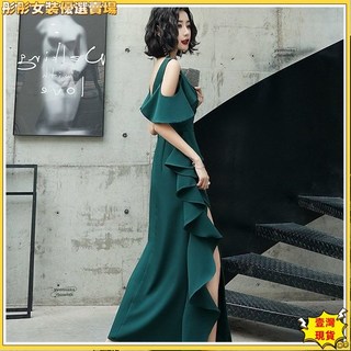 V領優雅氣質宴會晚禮服長裙洋裝, 墨綠色,L碼