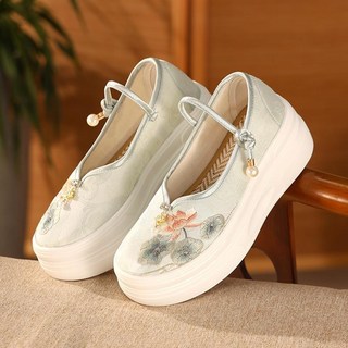 潮胖穿搭 大碼繡花鞋 國風旗袍鞋 厚底增高圓頭刺繡荷花高跟布鞋 復古新中式女鞋 1913-86/淺綠色【跟高6cm}