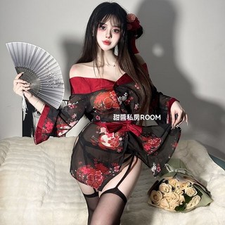 ᴹˢ •ＱUEEN 24H臺灣出貨 神姬山櫻*性感露肩一字肩日係和服蝴蝶結腰封透視高開叉開衫製服, 黑色