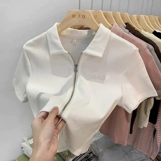 短版短袖T恤 韓版雙開拉鍊POLO領上衣