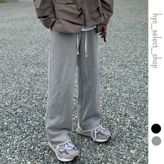 HYC 韓國長抽繩直筒棉褲 褲管不修邊 鬆緊抽繩休閒長褲 情侶款棉褲 運動闊腿落地褲