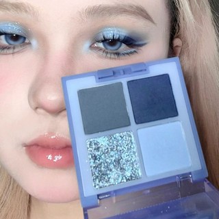 藍色眼影盤 四色眼影 啞光細閃 藍灰撞色小煙熏, 1個, 星空藍色眼影+眼影刷