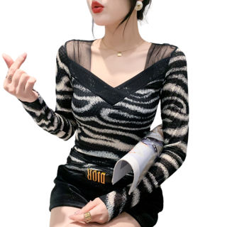 댄스복 상의 여성용 지브라 핫피스 브이넥 망사 패치 긴팔 티셔츠 뉴타임즈 M054B626